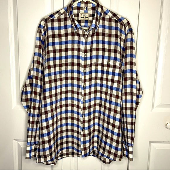 Haupt Linen Blue Brown Checked Button Up Size XL 17 1/2 Long Sleeve Mens Germany - Picture 1 of 9